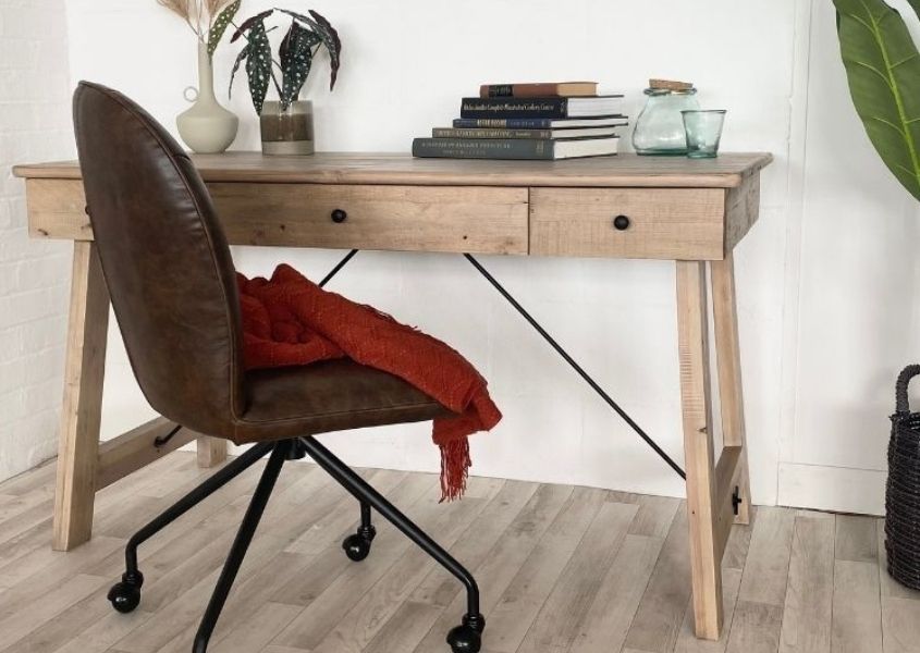reclaimed wood office desk and brown desk chair