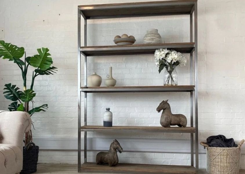 reclaimed wood shelving with metal frame