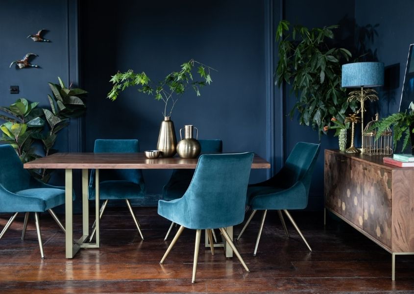 mango wood dining table with blue velvet dining chairs