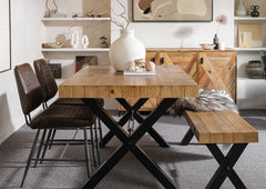 industrial style dining table with wooden dining bench and faux leather dining chairs