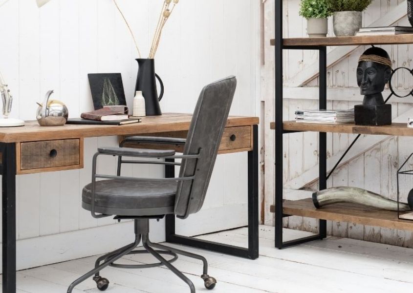 industrial office desk with grey faux leather desk chair