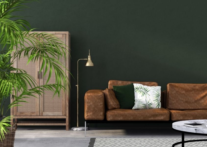 brown leather sofa with dark green wall