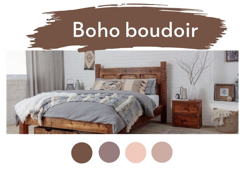 boho boudoir bedroom inspiration with reclaimed wood bed frame and wooden bedside table