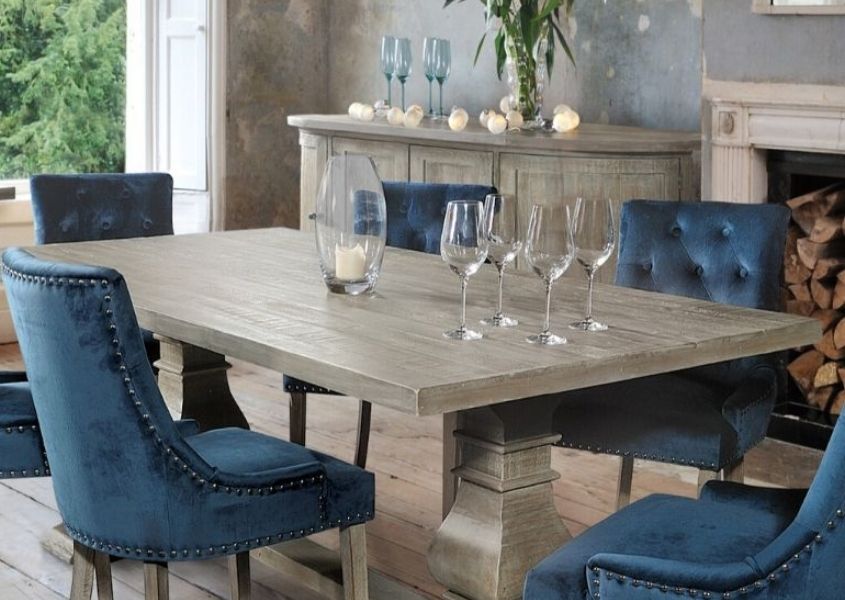 reclaimed wood dining table with blue velvet dining chairs