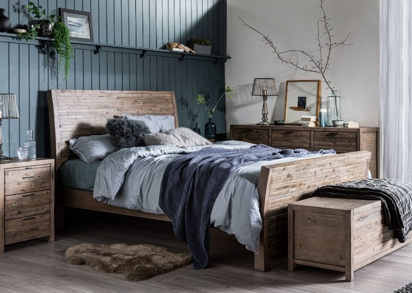 reclaimed king size wooden bed with matching rustic furniture