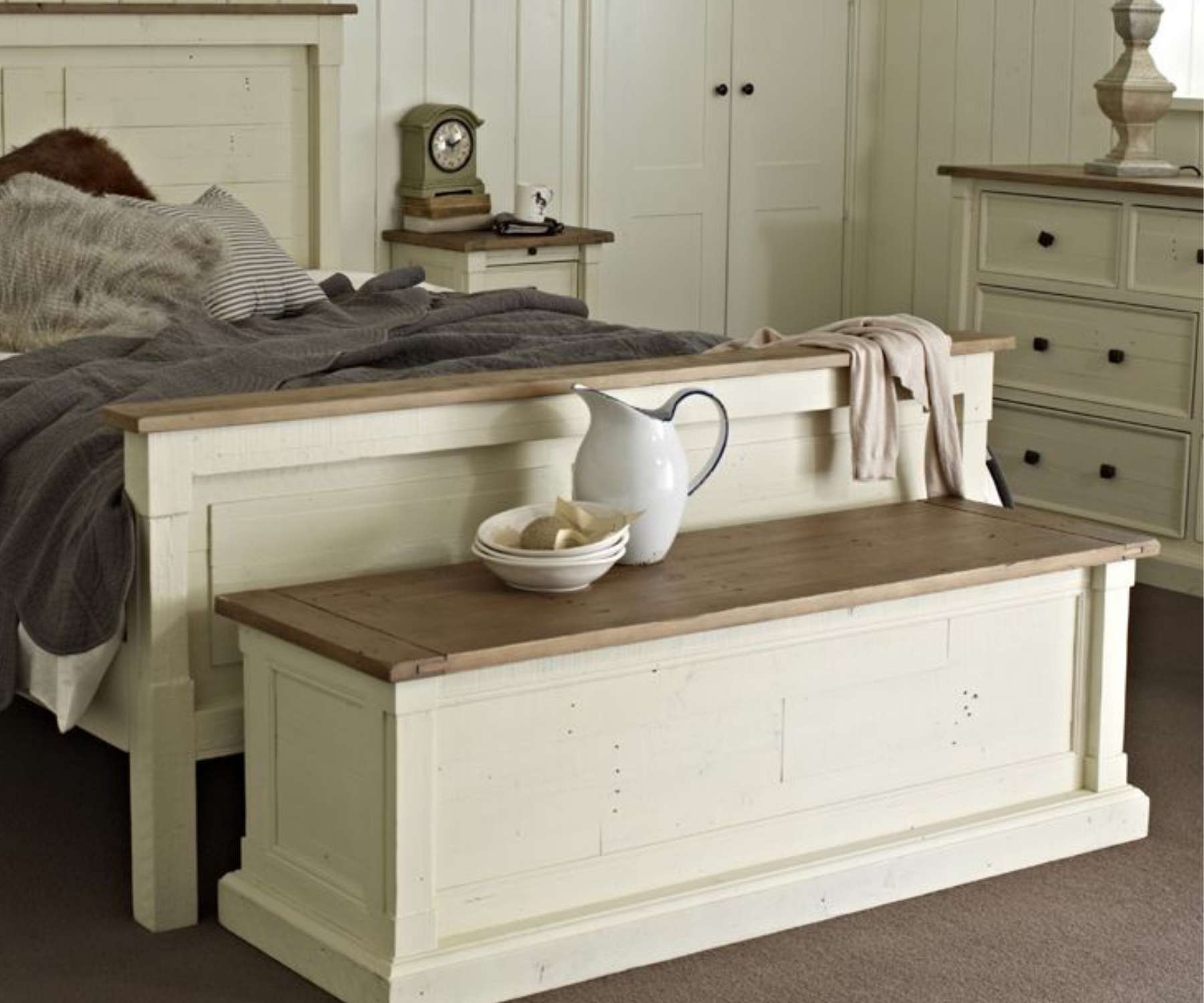White painted blanket box with natural wood top