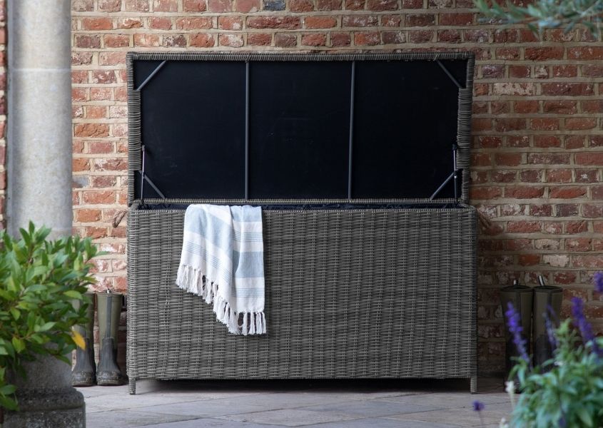 rattan garden cushion storage with top open