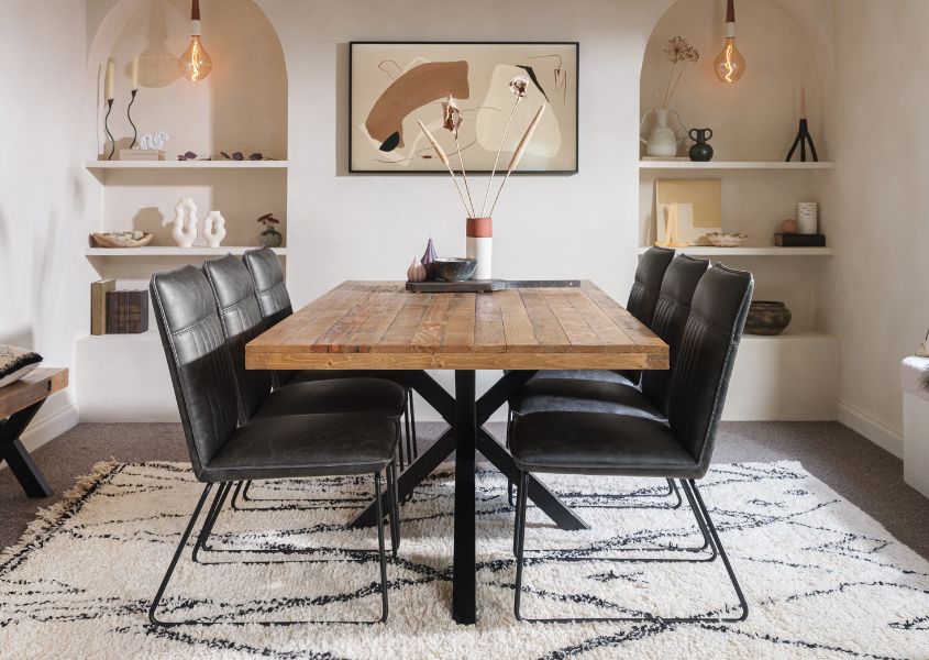 industrial dining table with grey faux leather dining chairs