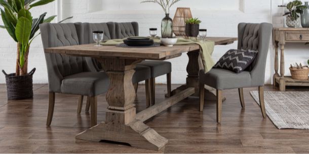 reclaimed wood dining table top with grey fabric dining chairs