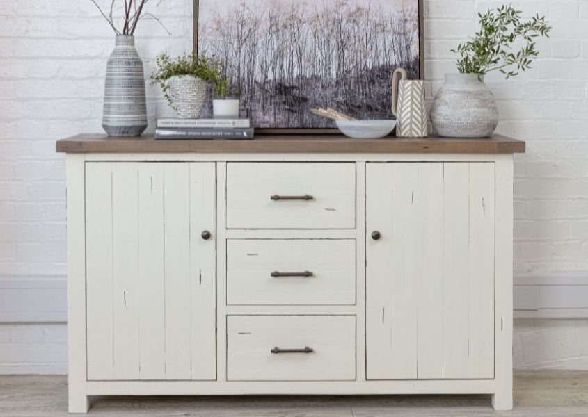 white painted reclaimed wood sideboard