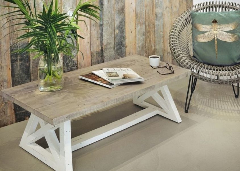 Reclaimed wood coffee table with white painted legs