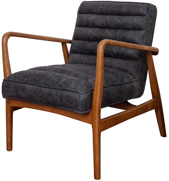 Danish style mid-century modern armchair in brown wood with a ribbed, cushioned back