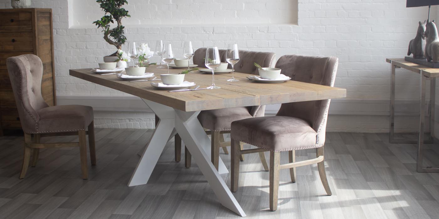 Amalfi Oak Industrial Dining Table and Velvet Dining Chairs