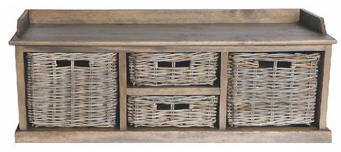 Wooden storage bench with wicker baskets