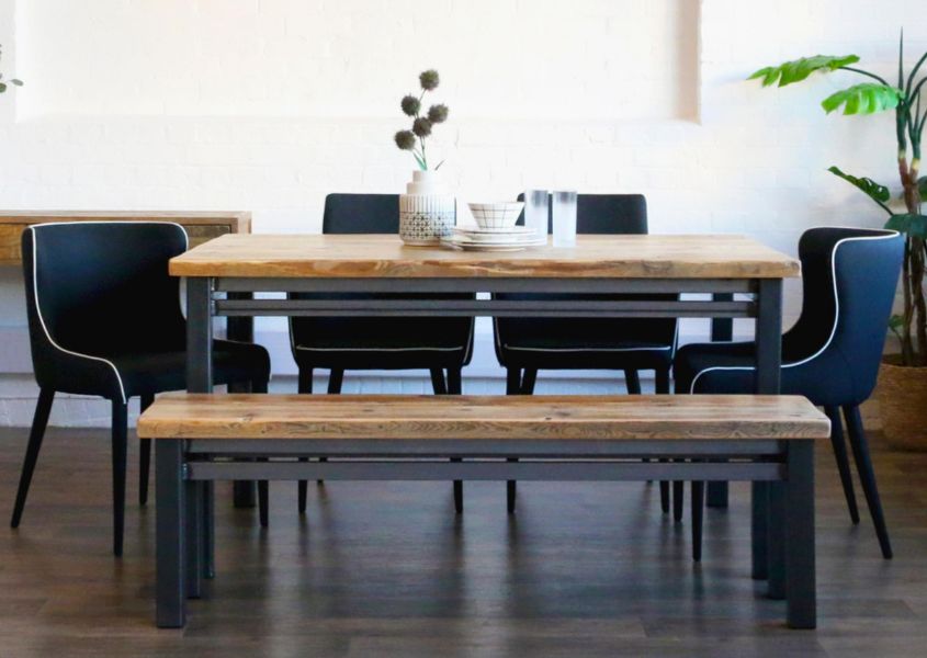 small industrial dining table with industrial wooden dining bench
