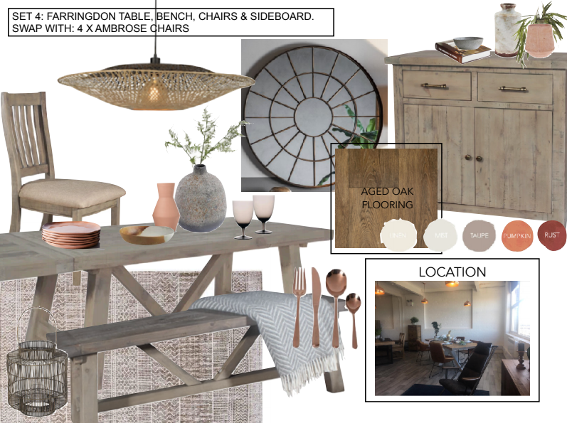 Collage of furniture and homeware in earthy tones