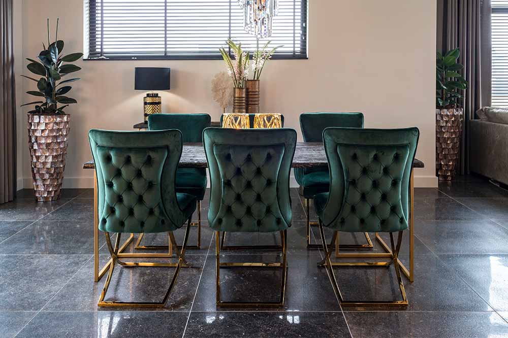 Belfort Dining Table and Green Velvet Chairs
