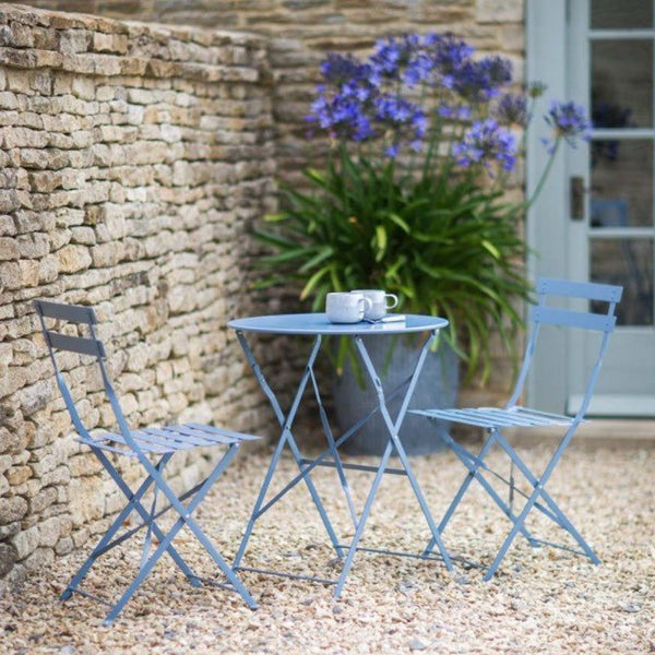 Small Round Table and 2 Chairs Bistro Set in Blue in Garden
