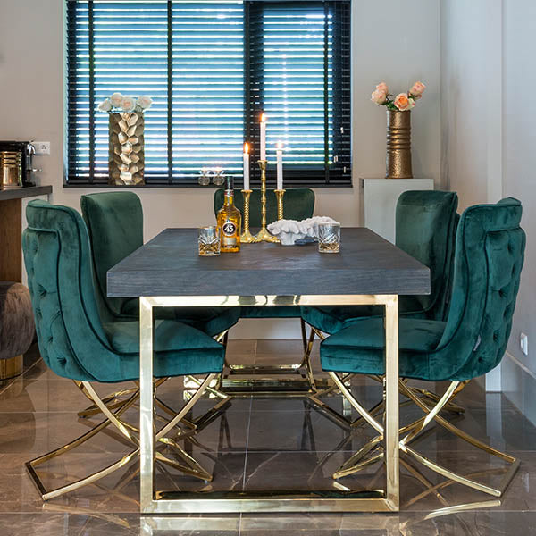 Industrial Oak Extendable Dining Table and Green Velvet Dining Chairs