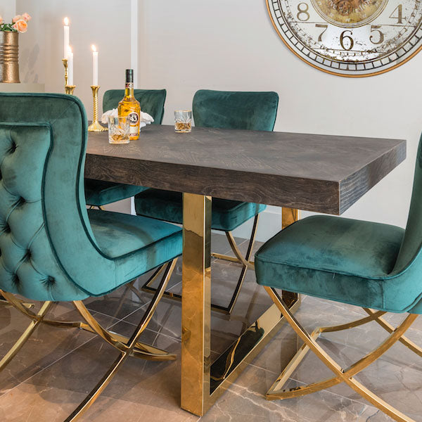 Industrial Dining Table with Golden Legs and Dark Top