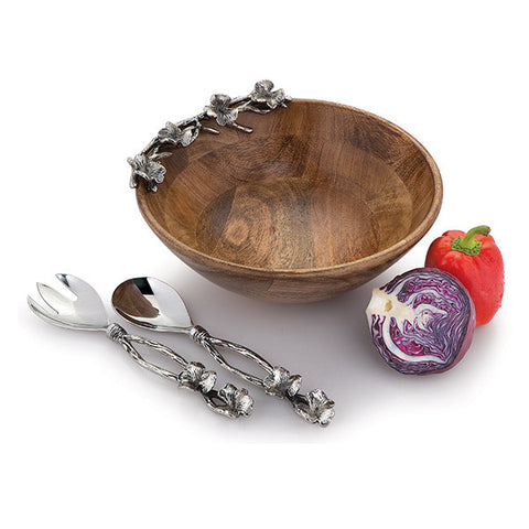 Bramble Flower Wooden Salad Bowl with Servers