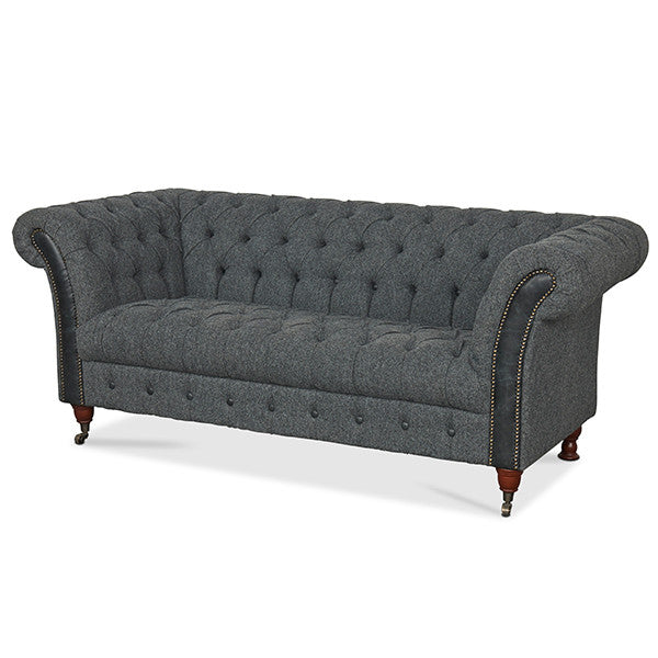 bretby grey harris tweed and black leather sofa