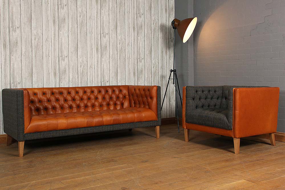 Bristol Leather and Tweed Sofa and Armchair