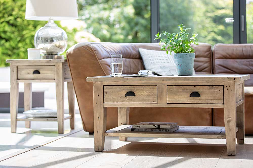 Chelwood Reclaimed Wood Coffee Table and Brown Leather Sofa