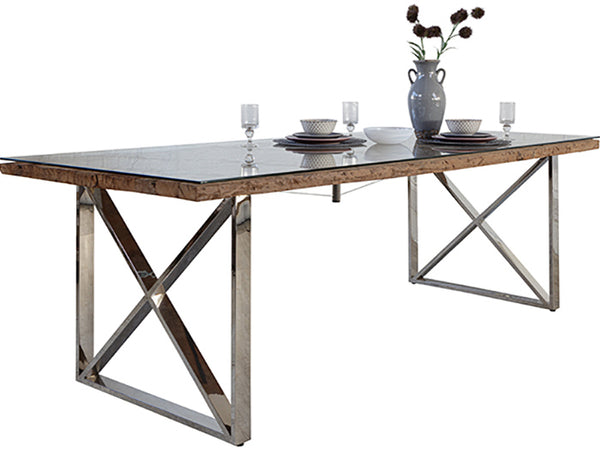 Reclaimed wood dining table with glass top and silver cross legs
