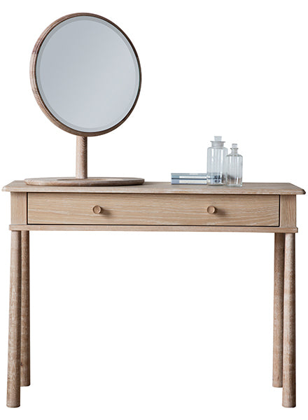 A Scandi wooden dressing table in light oak with a round table mirror