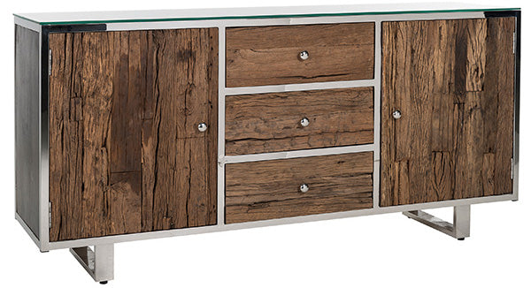 Textured wooden sideboard with silver steel details