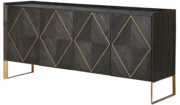 Reclaimed wood sideboard in a dark grey finish with a gold geometric pattern and gold steel legs