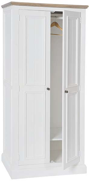 White painted wooden tall wardrobe with railings and a shelf