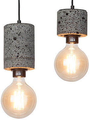 Two hanging pendants with exposed bulb made of volcanic rock