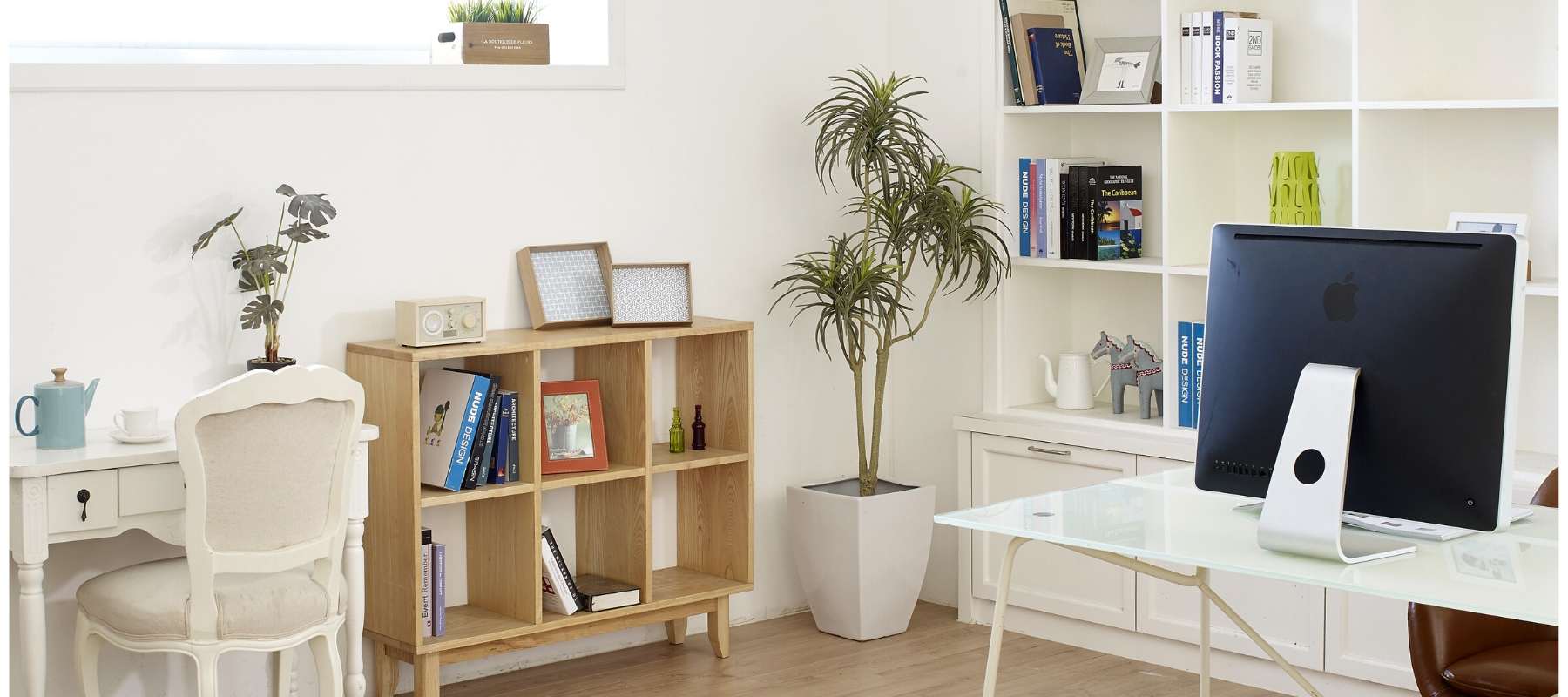 Home office with wooden storage unit