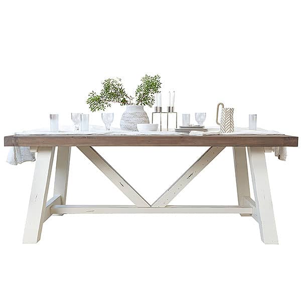 Reclaimed wood dining table with linen table runner