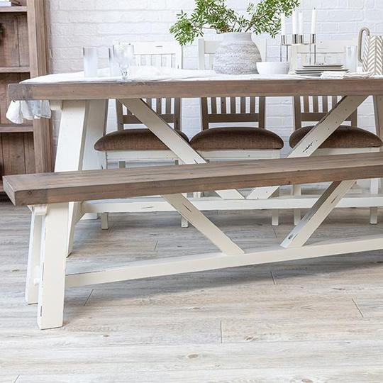 White reclaimed wood dining bench and table