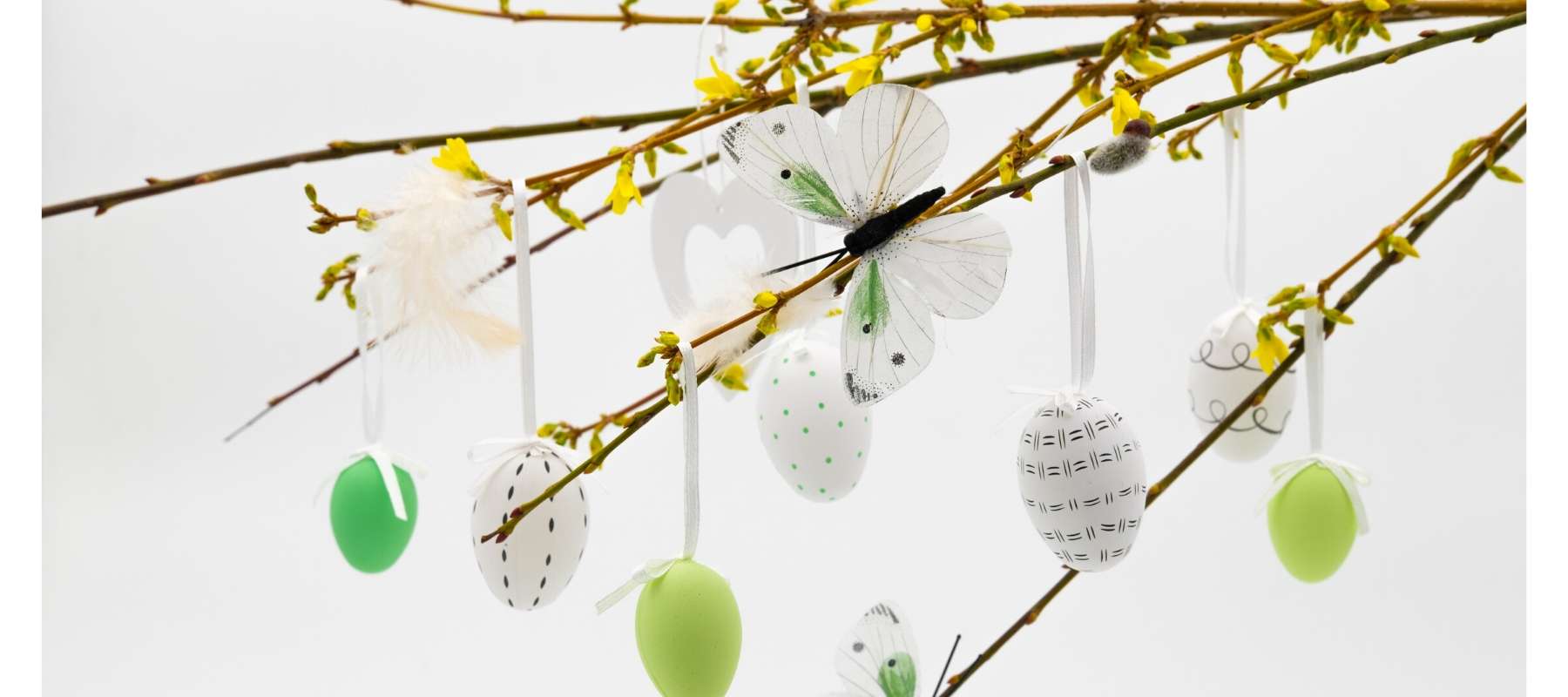 Painted eggs hanging from twigs