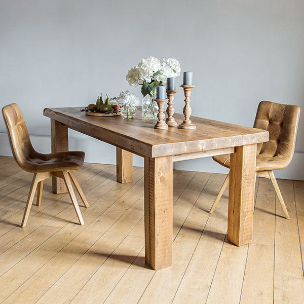 Beam Reclaimed Wood Dining Table and Leather Chairs