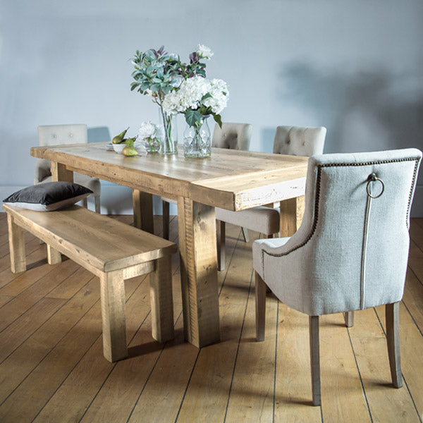 English Beam Extendable Reclaimed Wood Dining Table and Chairs