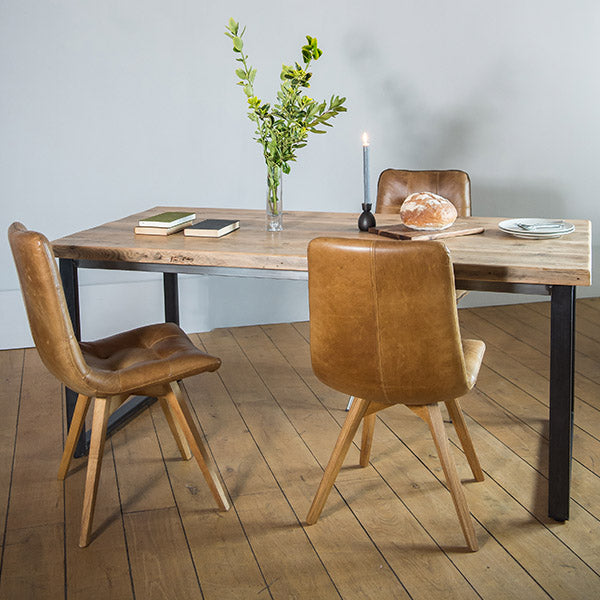 English Beam Industrial Reclaimed Wood Dining Table and Allegro Leather Chair