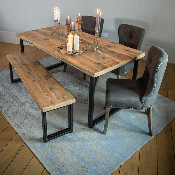 English Beam Industrial Reclaimed Wood Dining Table and Brook Chairs