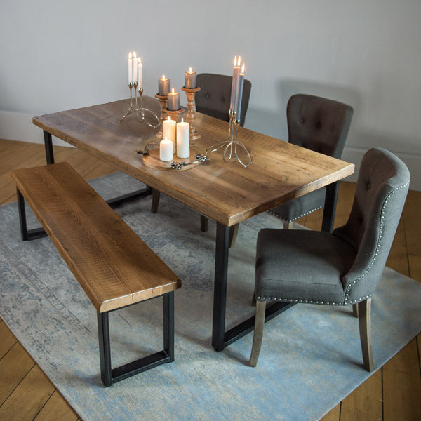 English Beam Industrial Reclaimed Wood Dining Table and Grey Chairs
