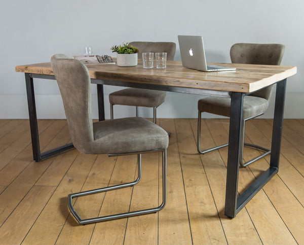 English Beam Industrial Steel Reclaimed Wood Dining Table and Chairs