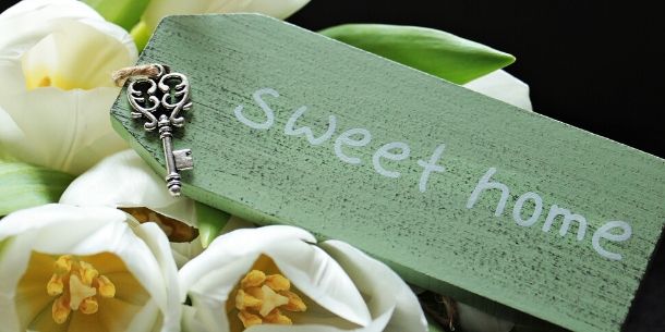 Sweet home written on green card with white flowers