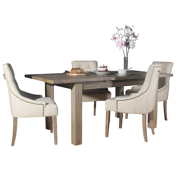 Florence Cream Fabric Dining Chairs and Reclaimed Wood Dining Table