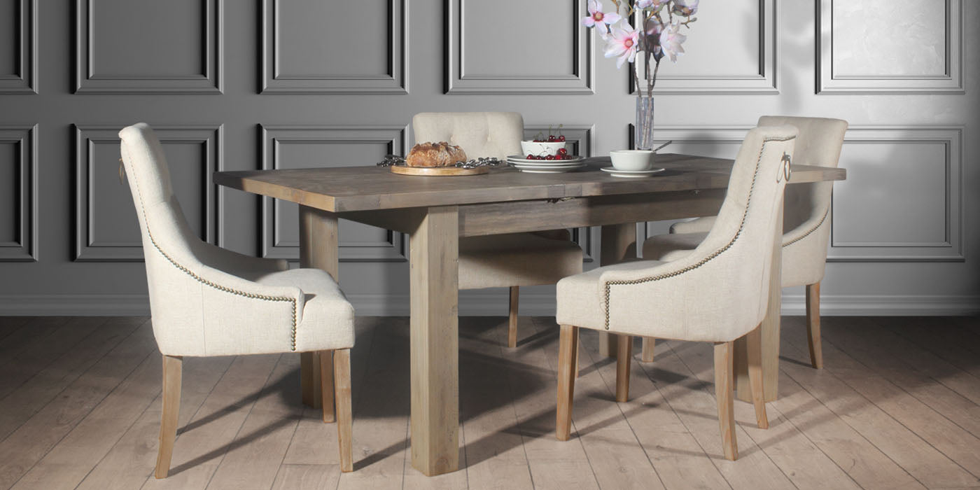 Florence Upholstered Dining Chairs and Reclaimed Wood Dining Table