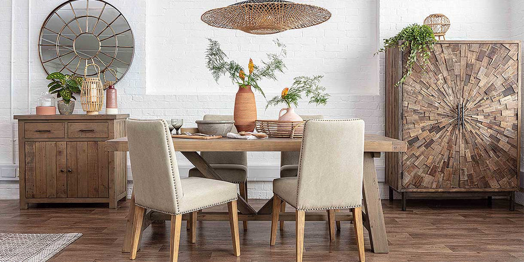 Farringdon reclaimed wood trestle dining table and fabric chairs