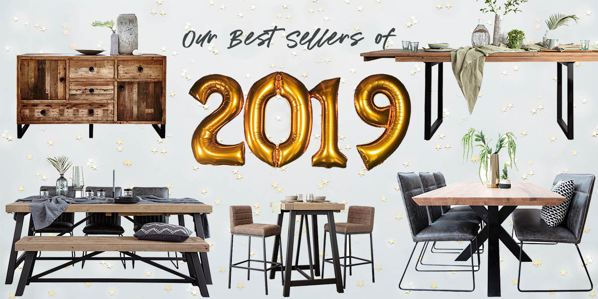 Series of cut outs of tables and a sideboard with 2019 written in balloons