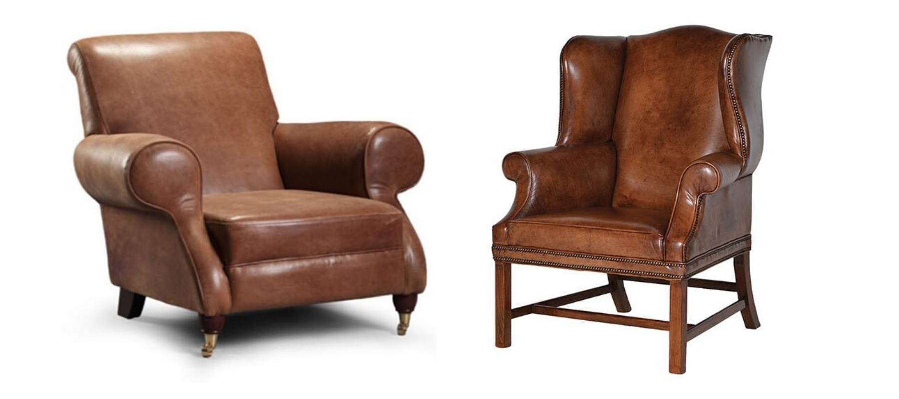 Two brown leather armchairs